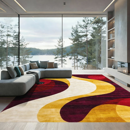 Abstract Gold Waves Red Circles Rug