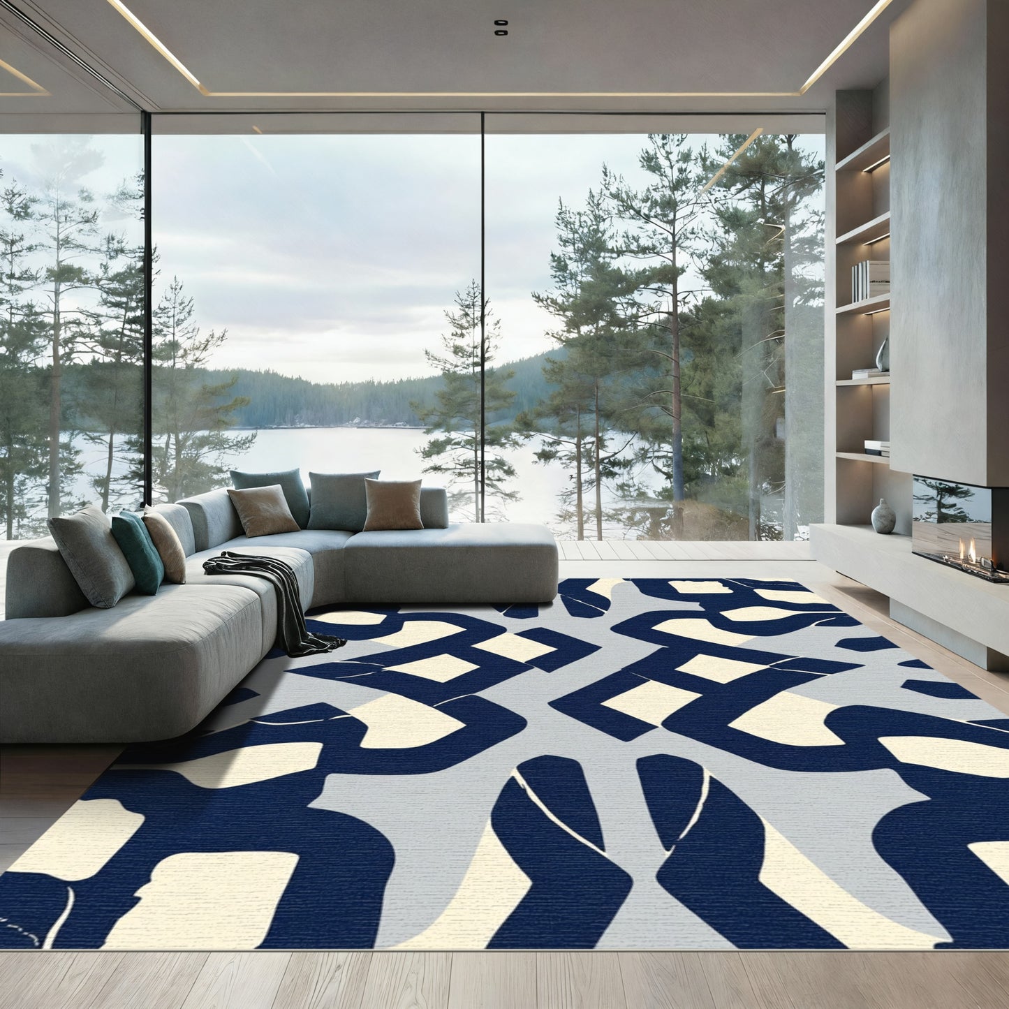 Navy Cream Abstract Interlocking Blocks Rug