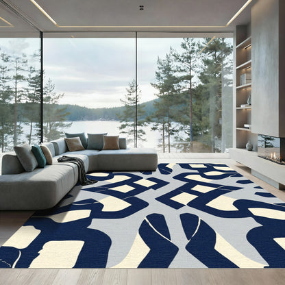 Navy Cream Abstract Interlocking Blocks Rug