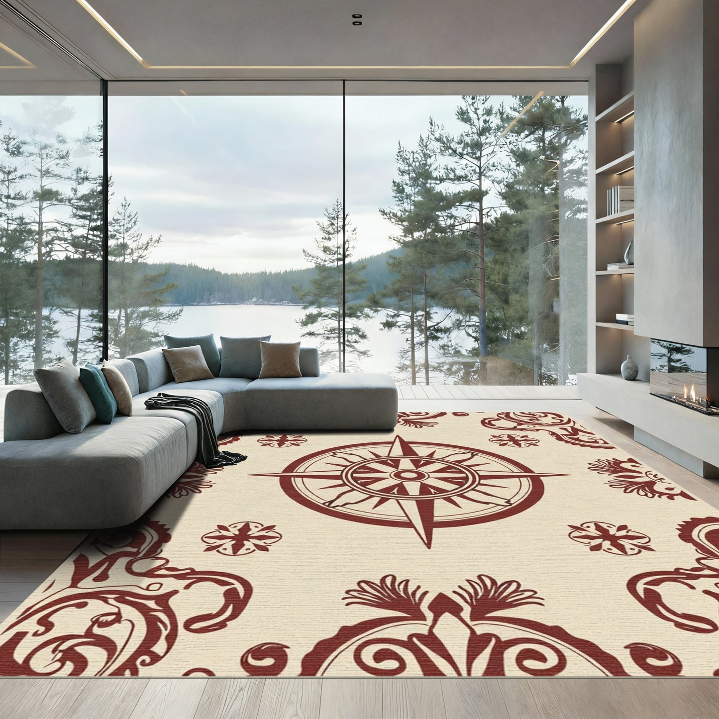 Maroon Compass Rose Floral Accents Rug