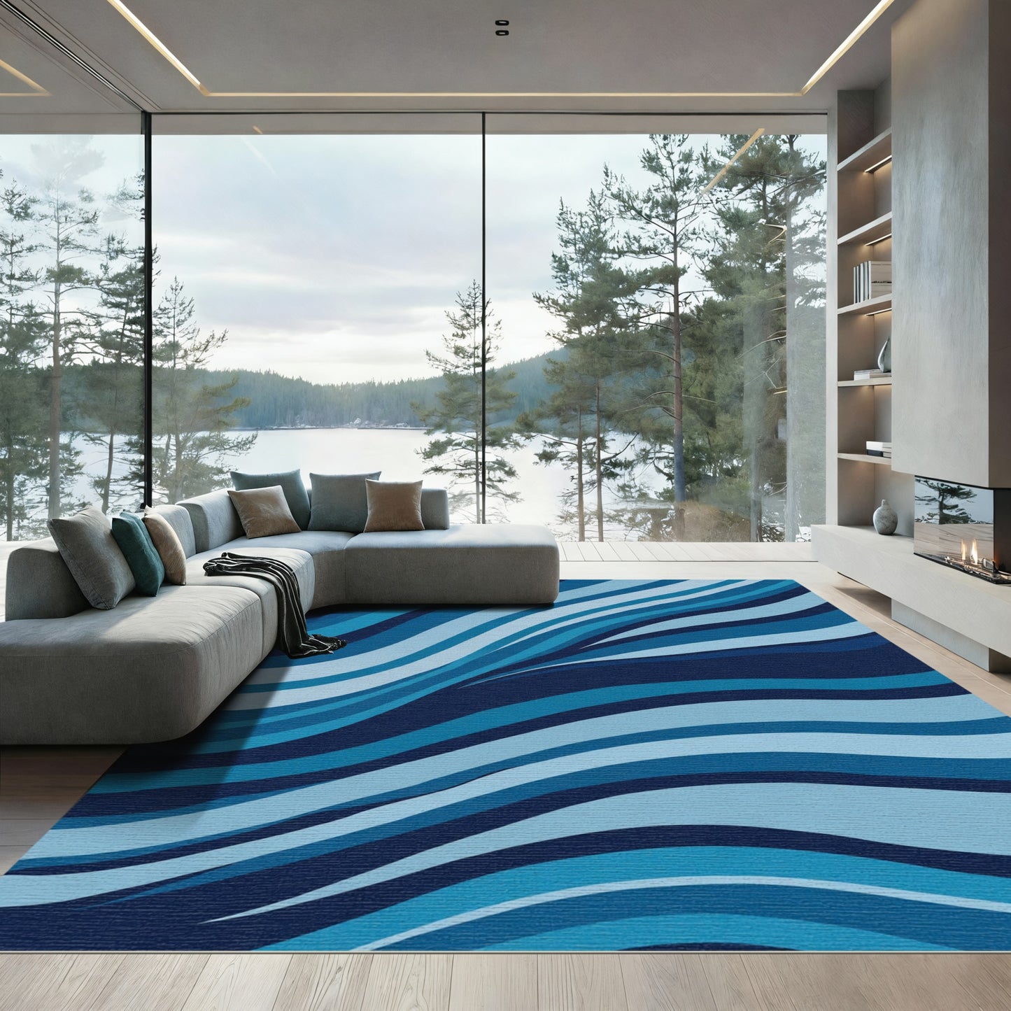 Deep Blue Ocean Wave Curves Rug