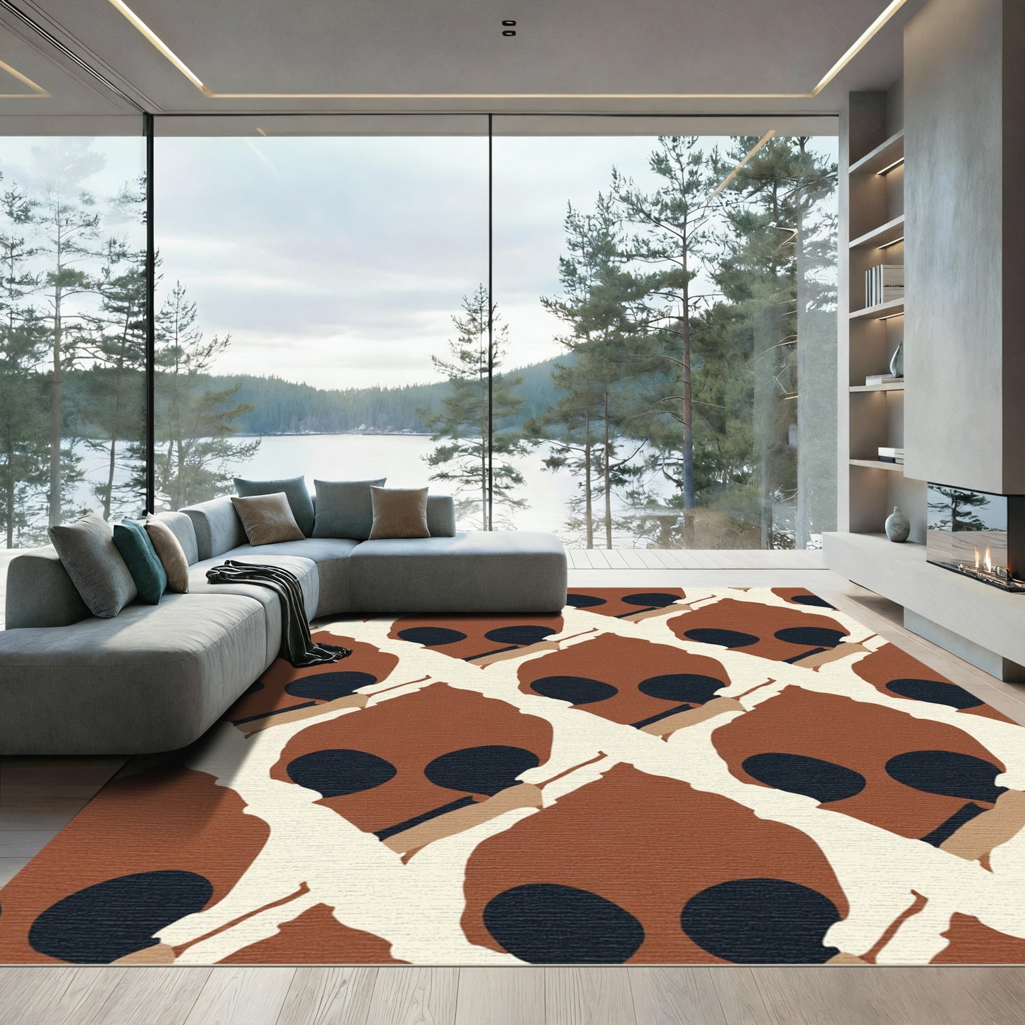 Abstract Terracotta Black Organic Forms Rug
