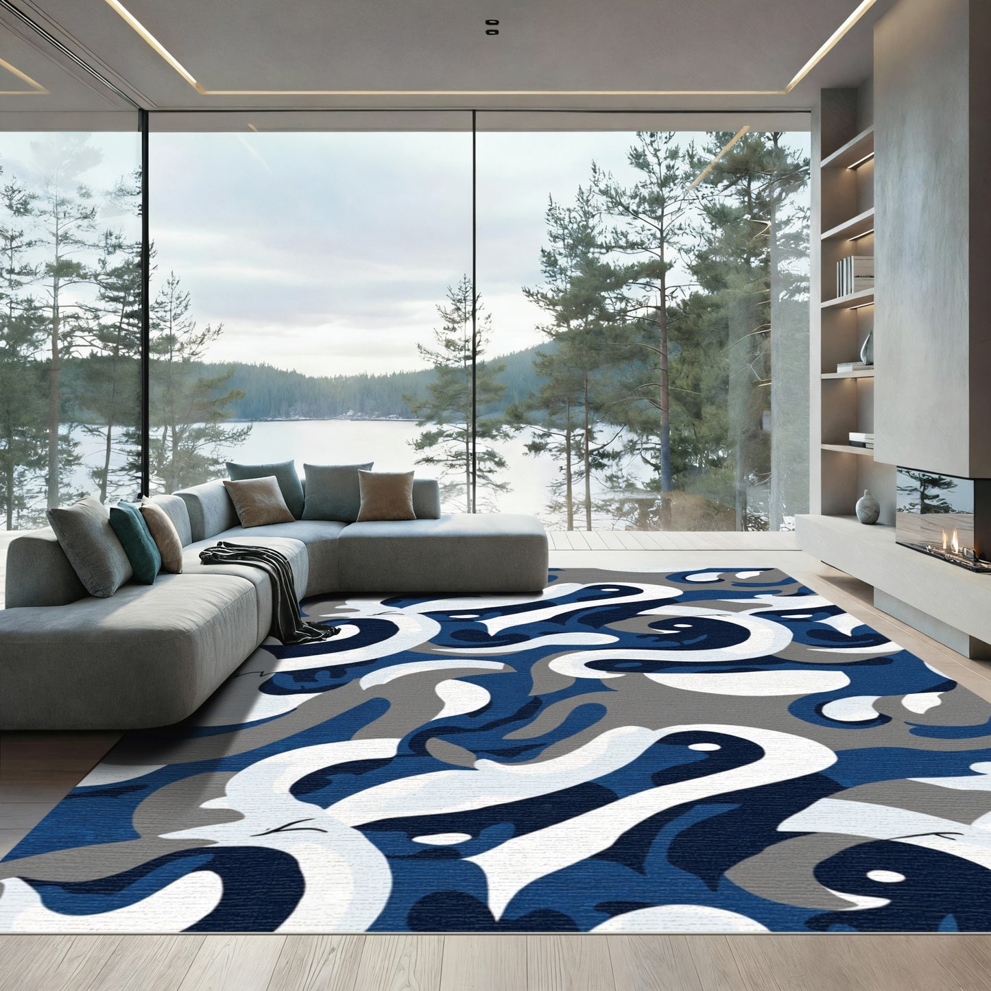 Abstract Blue Gray White Swirl Rug