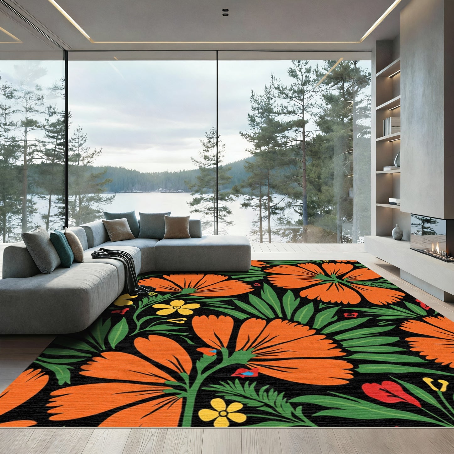 Bold Orange Floral Botanical Art Rug