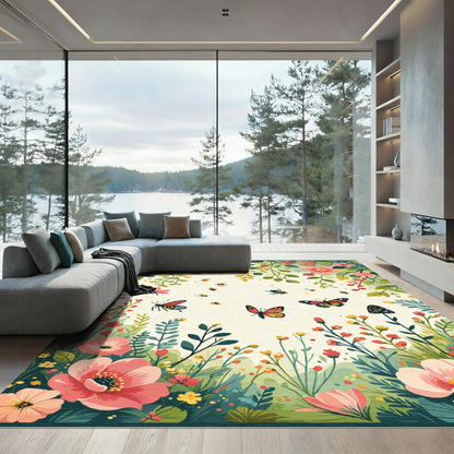 Whimsical Floral Butterfly Bee Garden Rug