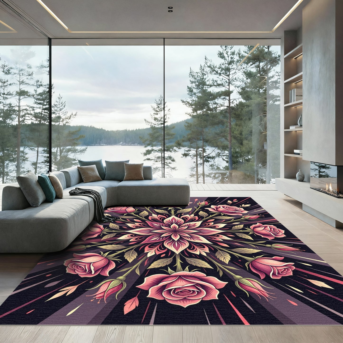 Pink Rose Floral Burst Rug