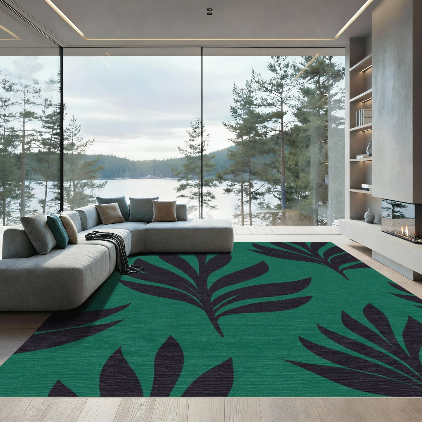 Deep Teal Fern Botanical Art Rug