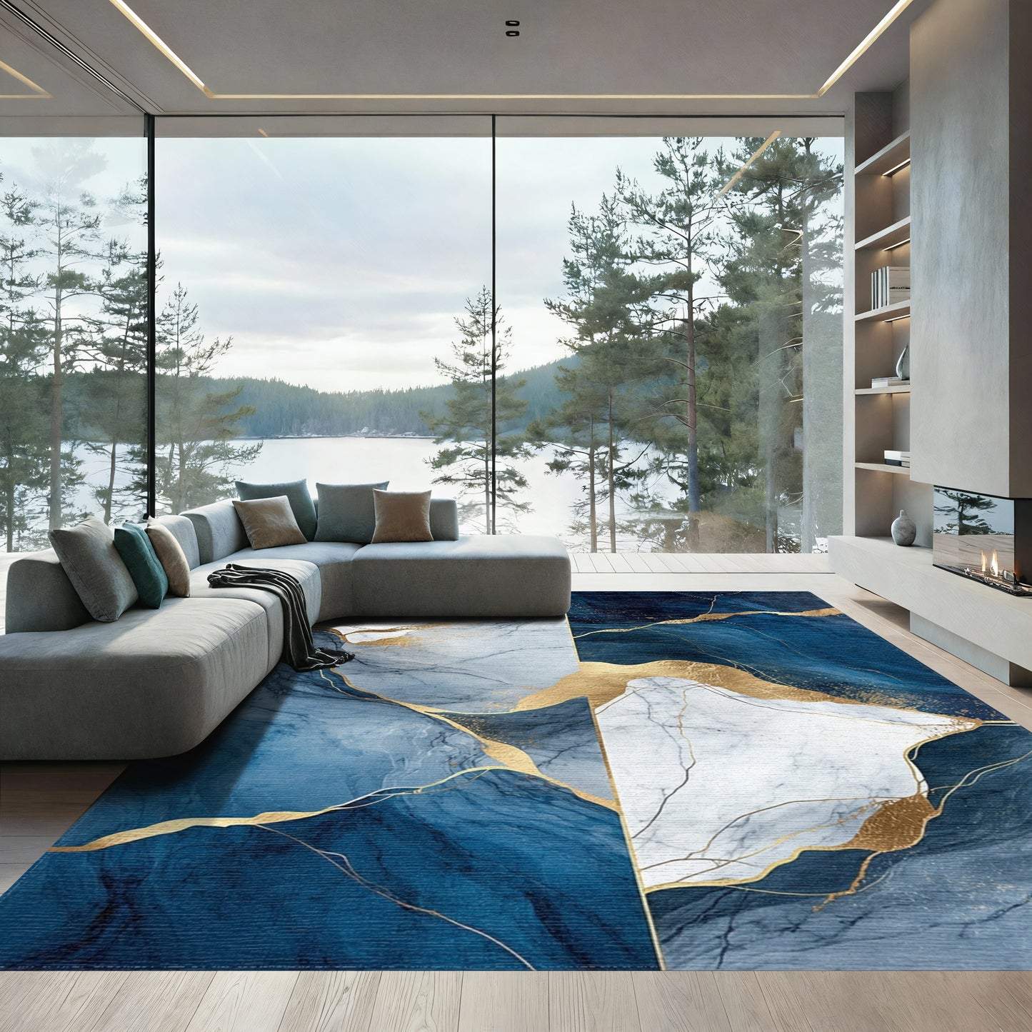 Navy White Gold Veined Marble Rug