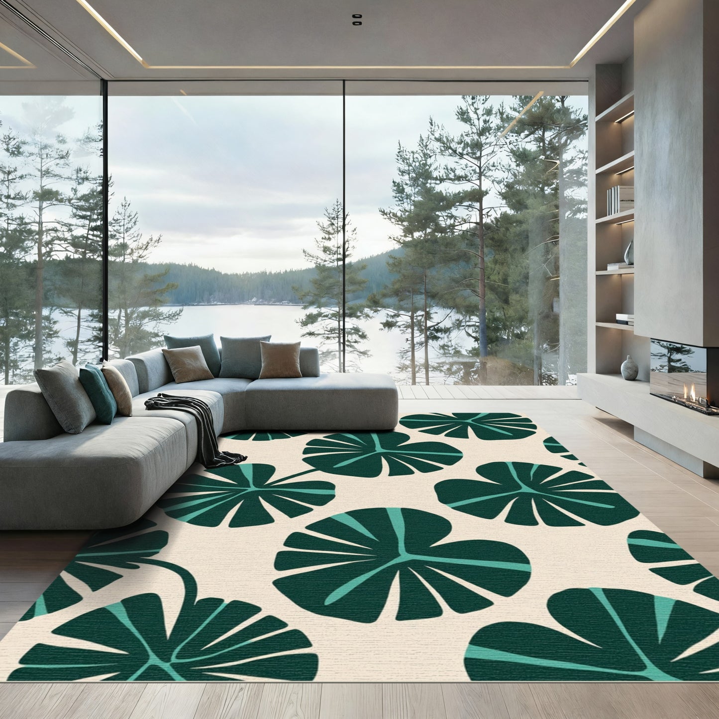 Deep Teal Fan Leaf Arrangement Rug