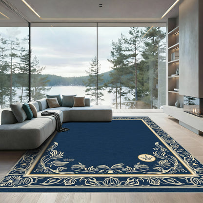 Deep Blue Ivory Floral Scroll Border Rug