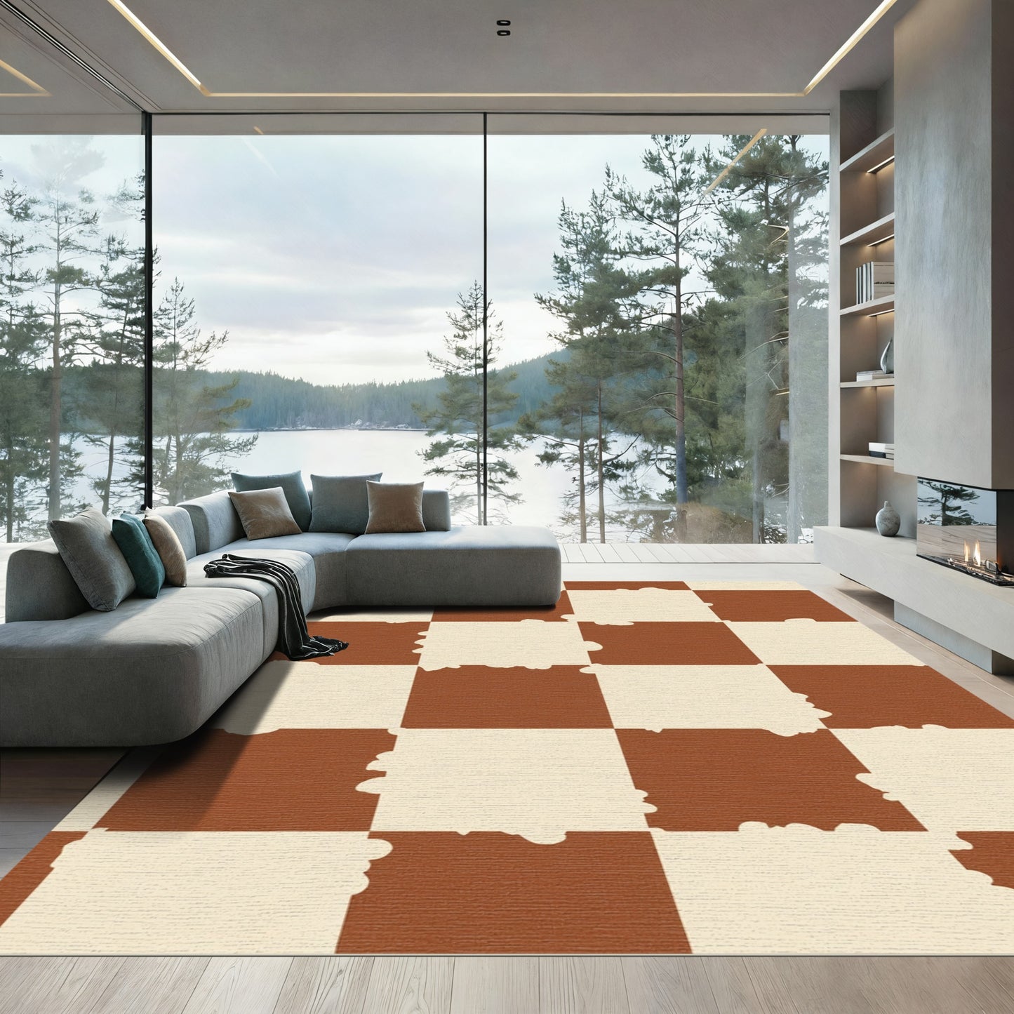 Brown Ivory Distressed Checkerboard Rug