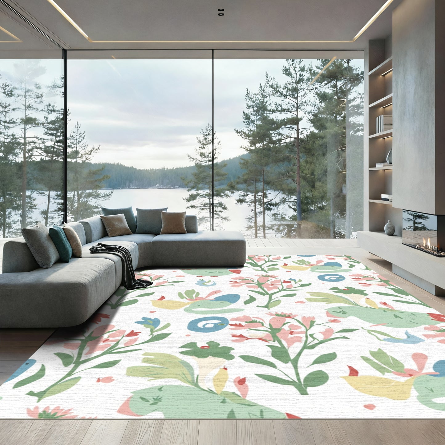 Whimsical Birds And Blossoms Coral Garden Rug