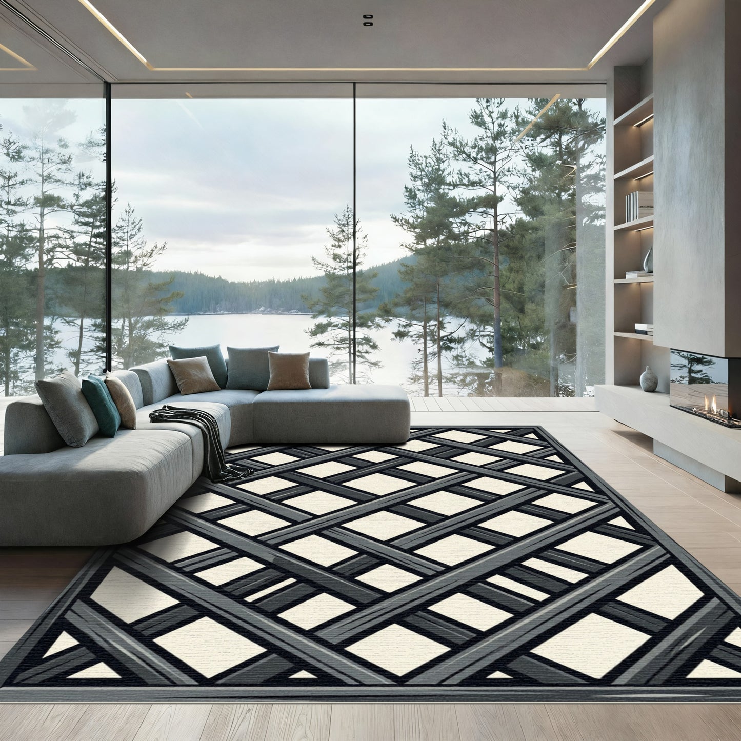 Dark Charcoal Interlocking Diamond Lattice Rug
