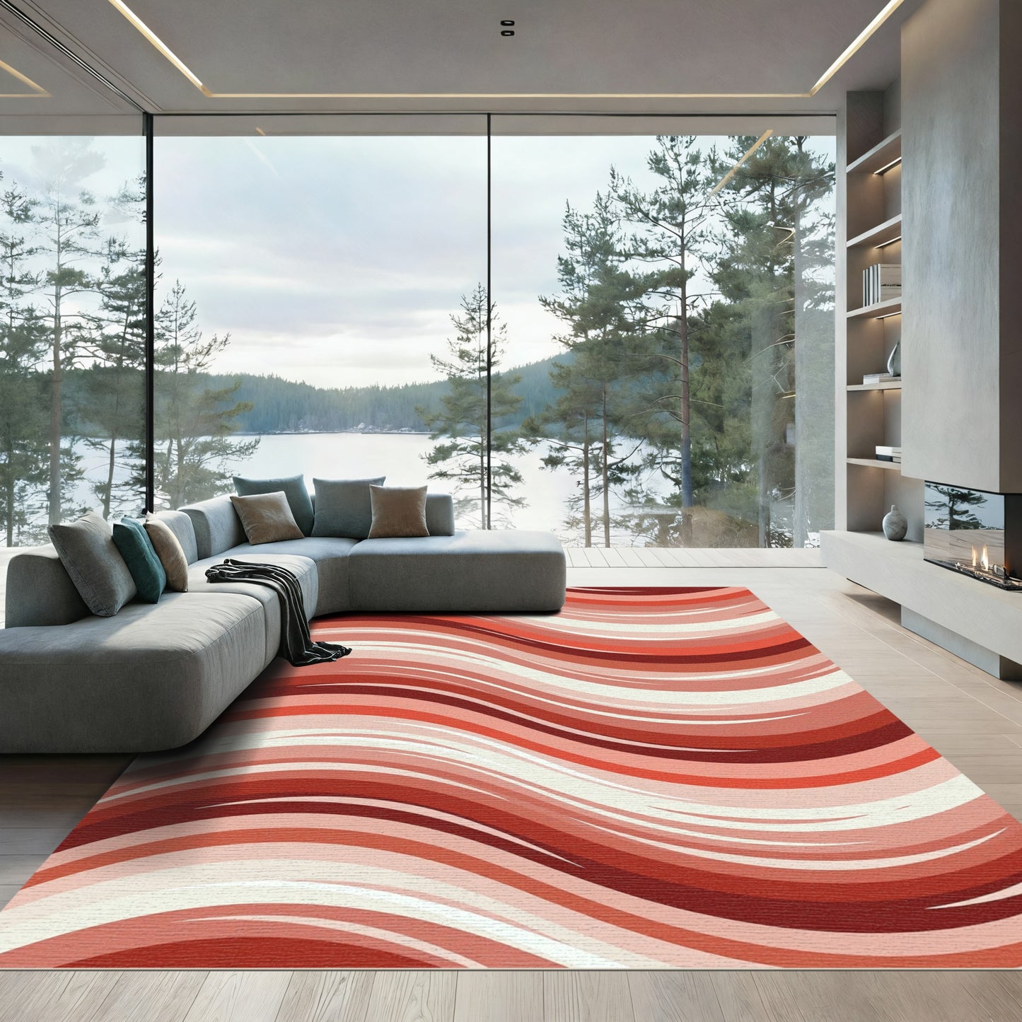 Crimson Abstract Flowing Lines Rug