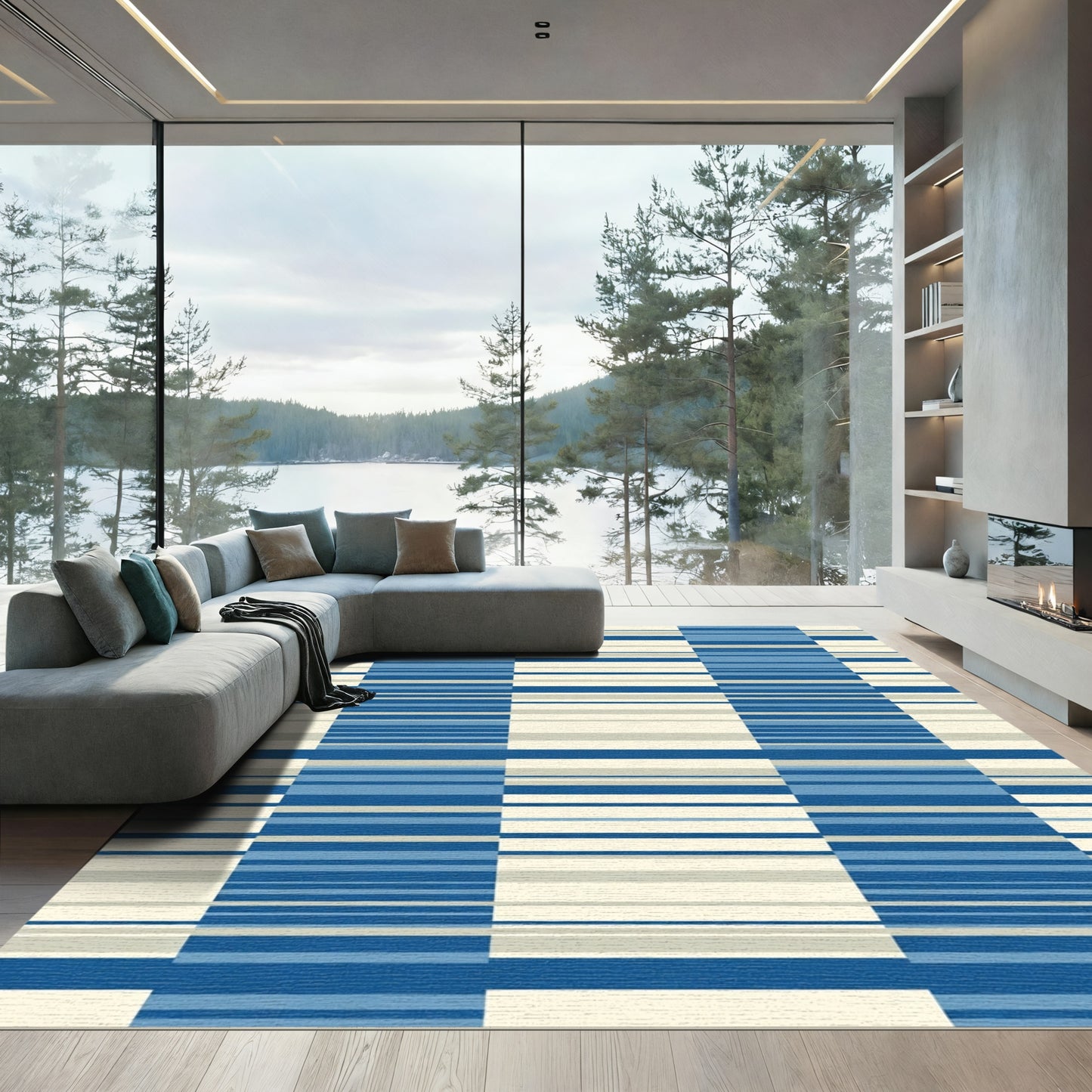 Modern Blue Cream Striped Rectangles Rug
