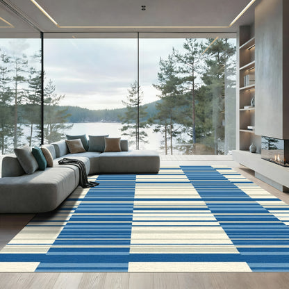 Modern Blue Cream Striped Rectangles Rug