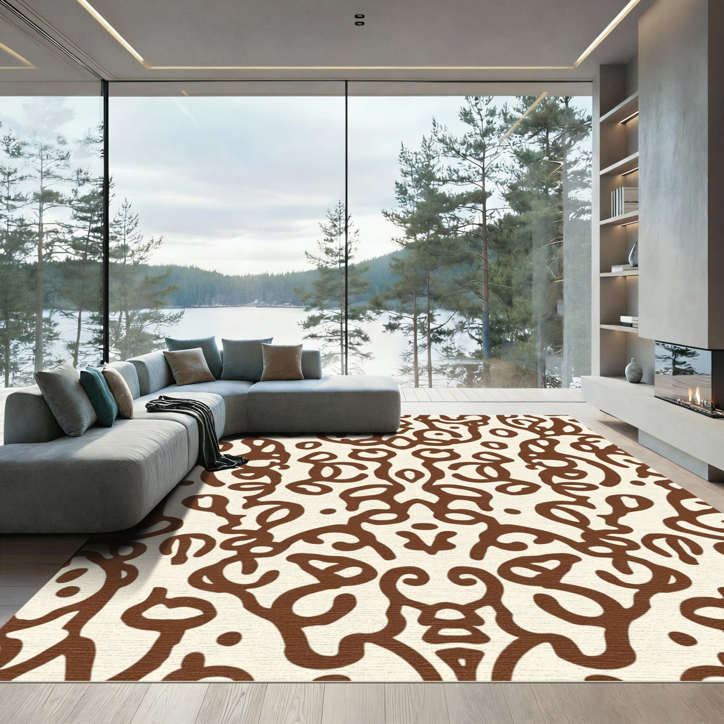 Cream Brown Ornate Scrollwork Damask Rug
