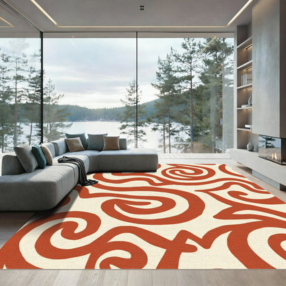 Terracotta Swirl Cream Abstract Lines Rug