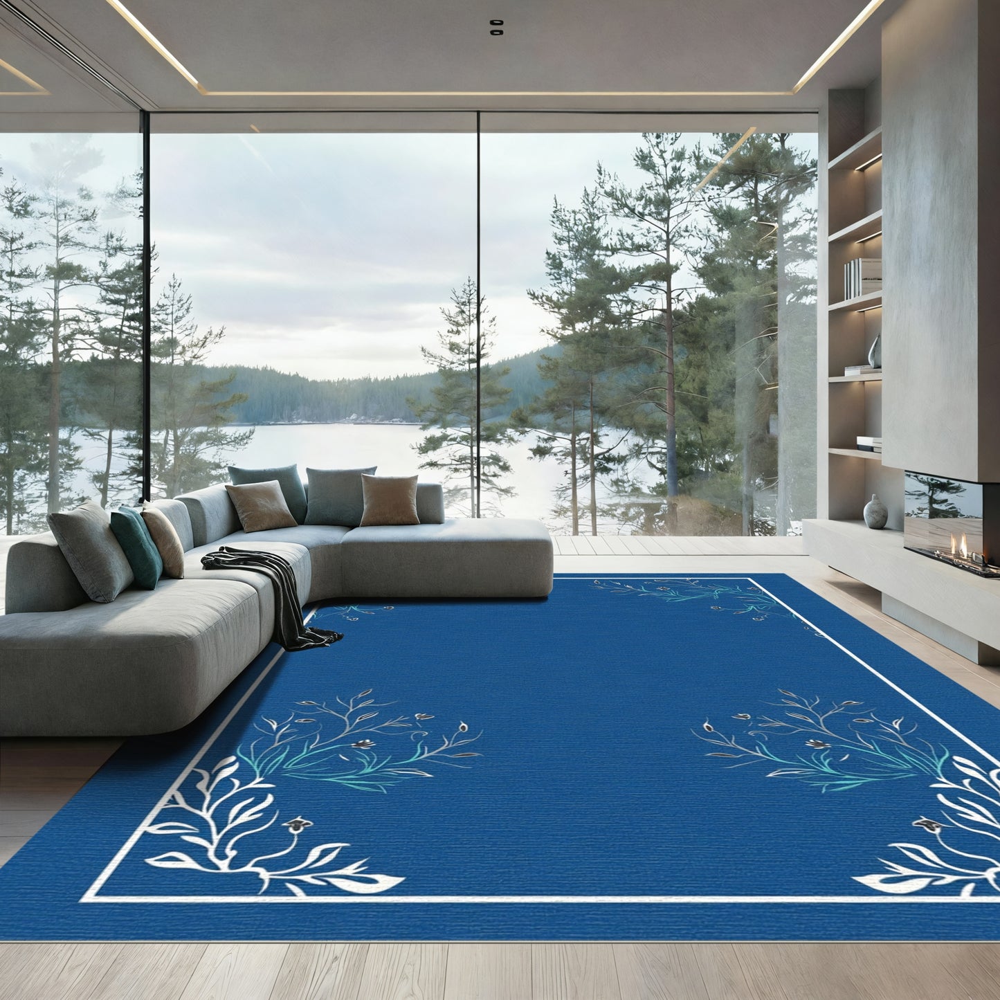 Deep Blue Floral Branch Corner Arrangement Rug