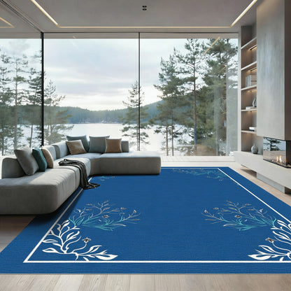 Deep Blue Floral Branch Corner Arrangement Rug