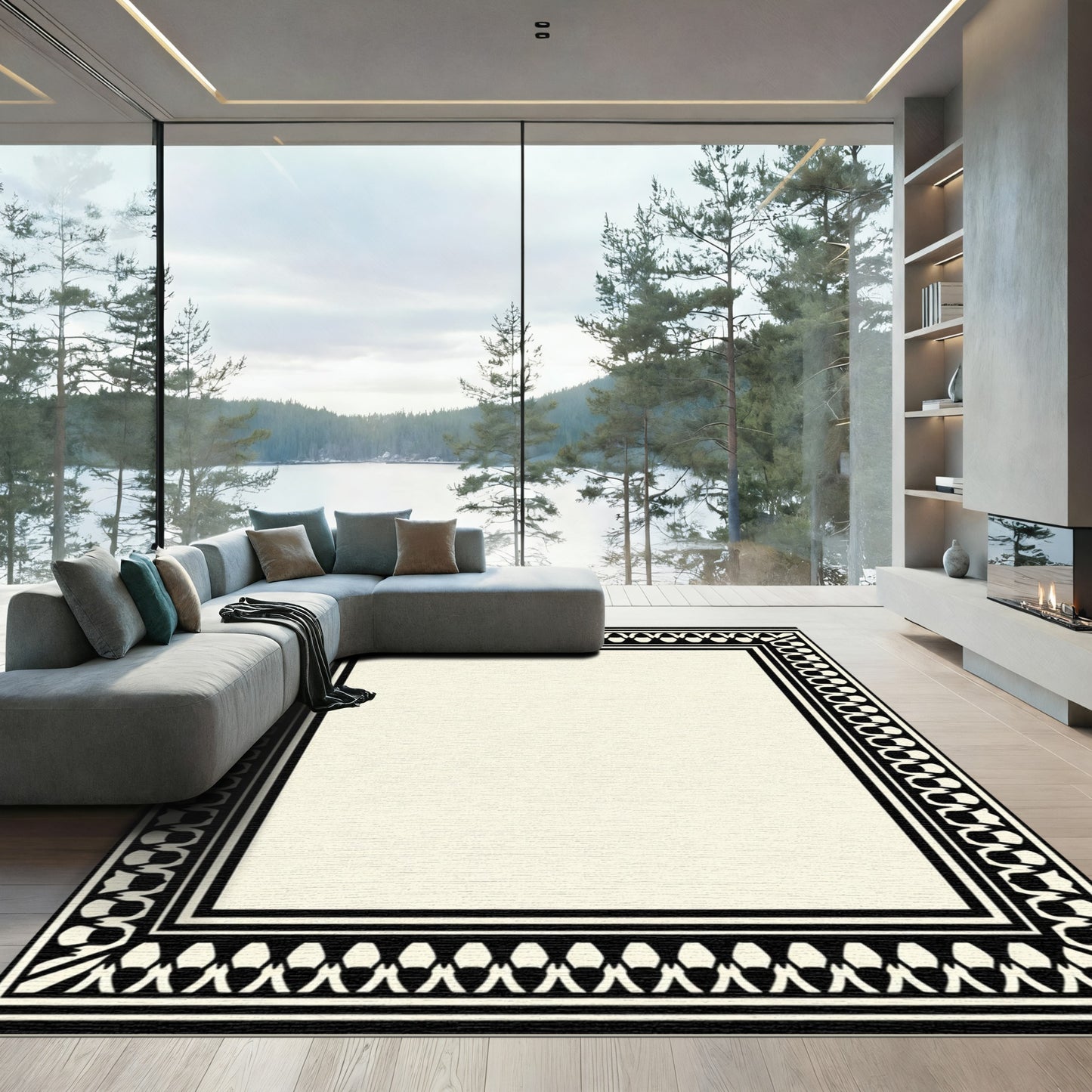 Black Cream Geometric Border Rug
