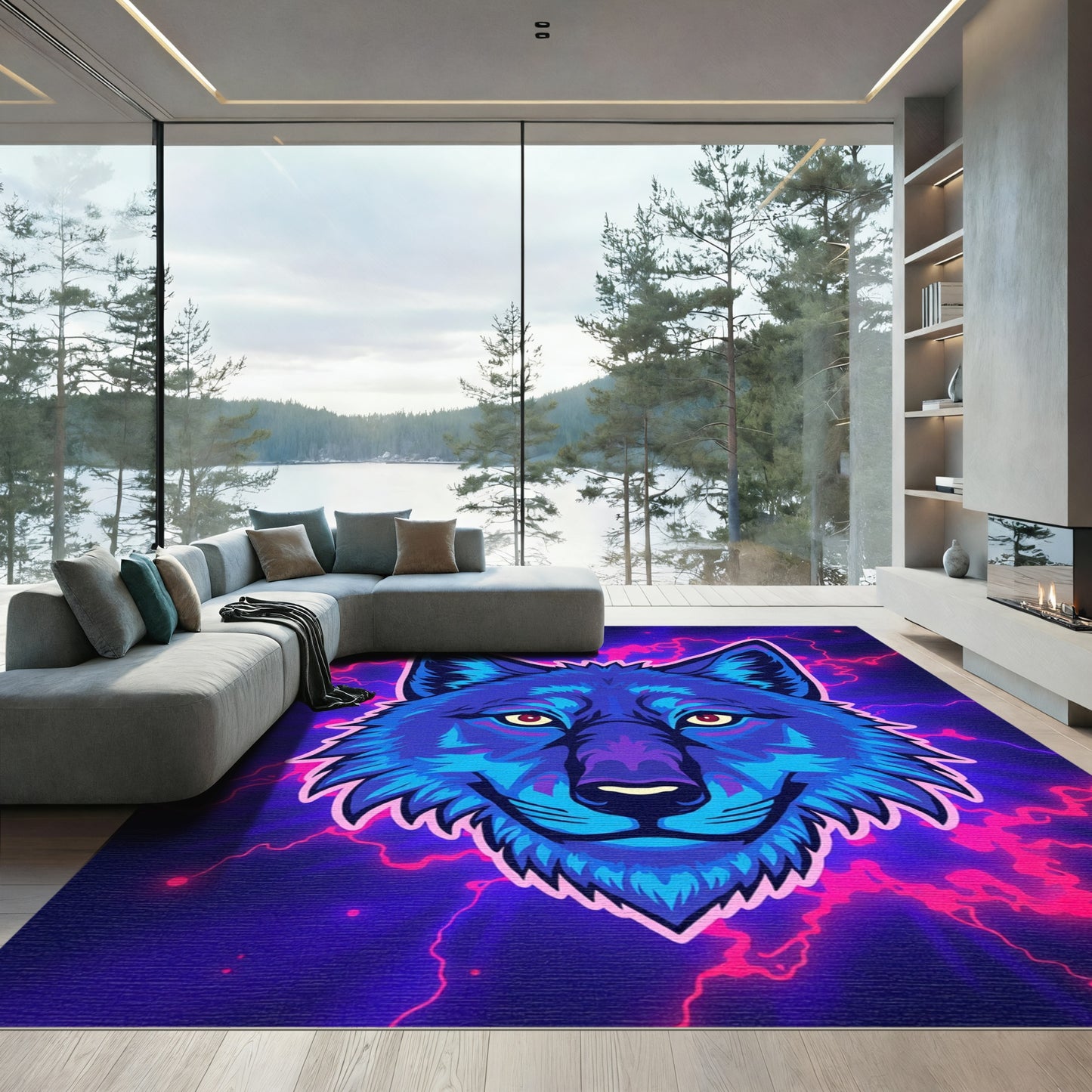 Electric Blue Wolf Lightning Aura Rug