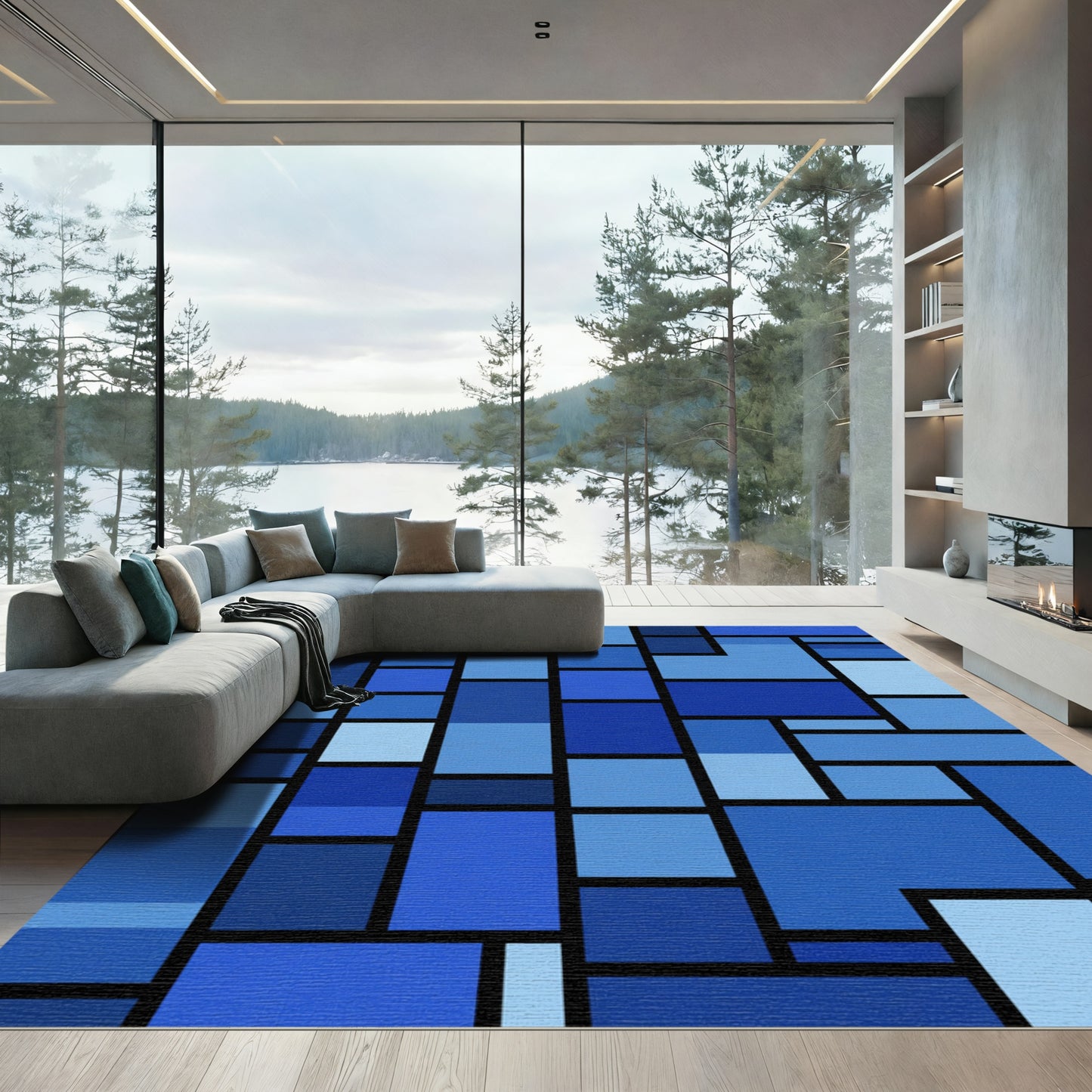 Modern Blue Mondrian Rectangles Rug