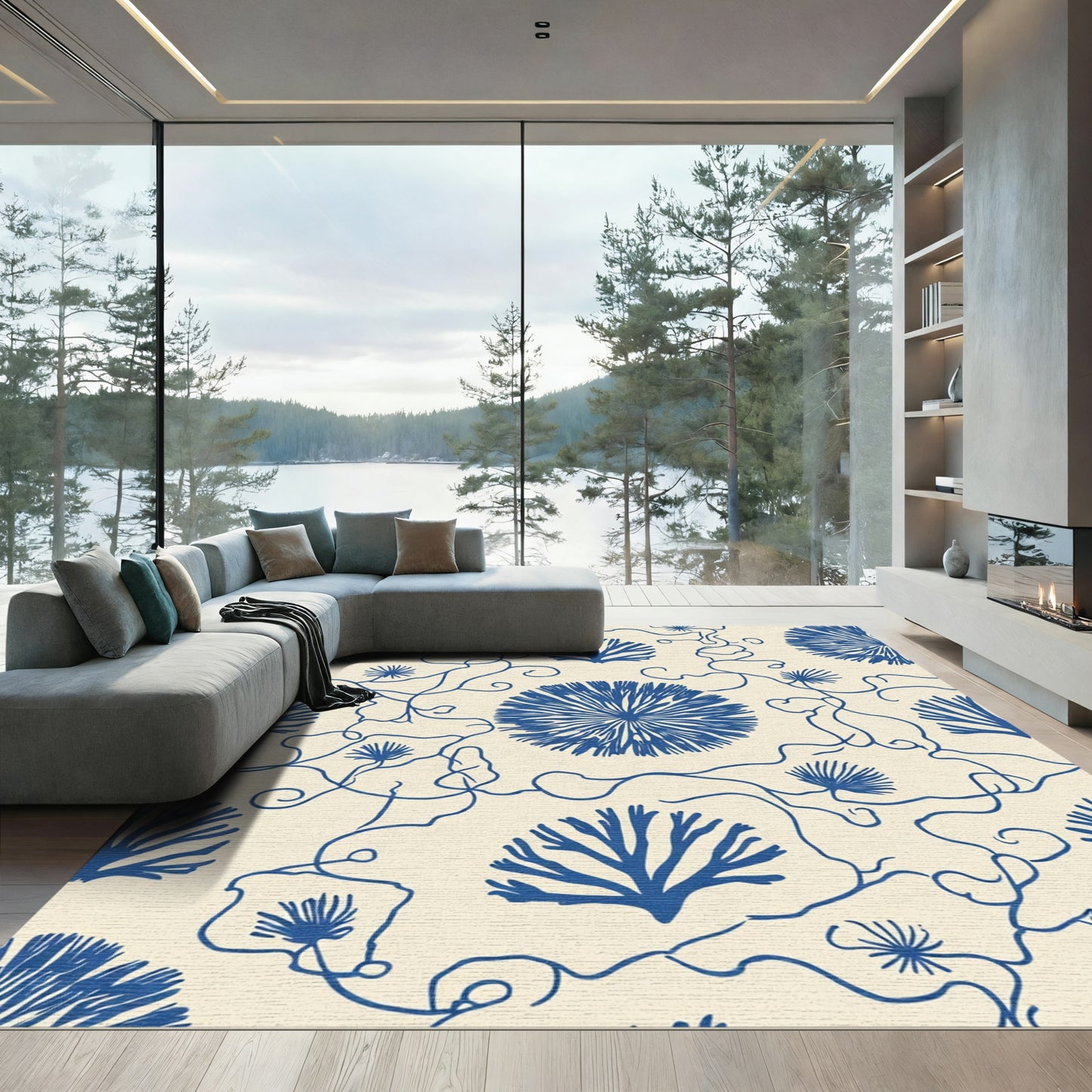 Blue Coral Vine Botanical Abstract Rug