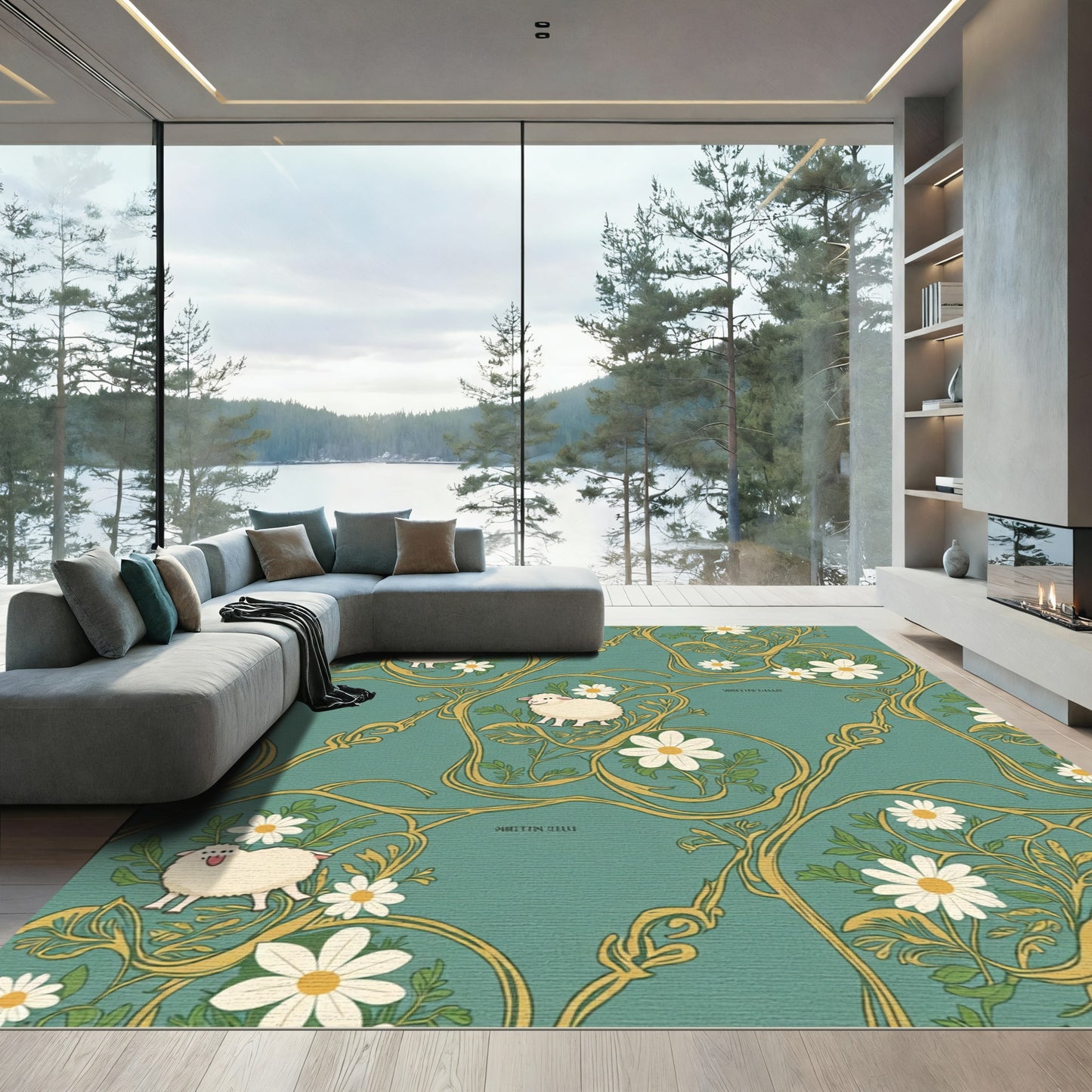 Whimsical Sheep Daisy Vine TealRug Rug