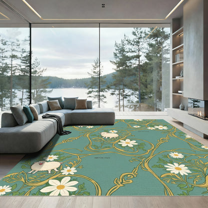 Whimsical Sheep Daisy Vine TealRug Rug