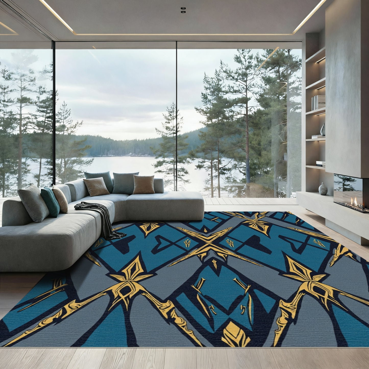 Azure Gold Ornate Geometric Layout Rug