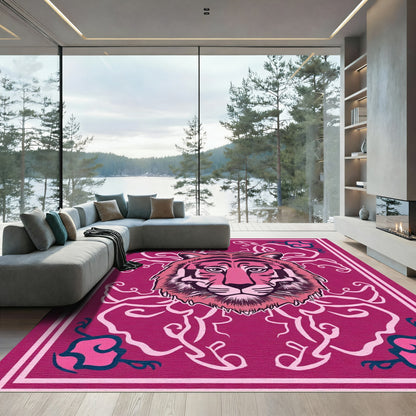 Vibrant Pink Tiger Head Floral Swirls Rug