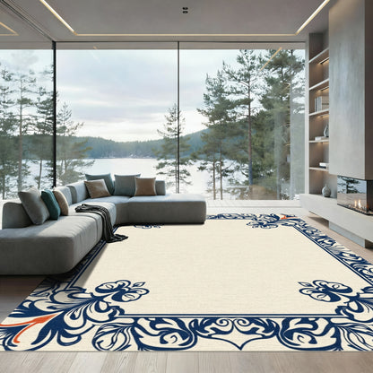 Navy Blue Floral Border Cream Rug