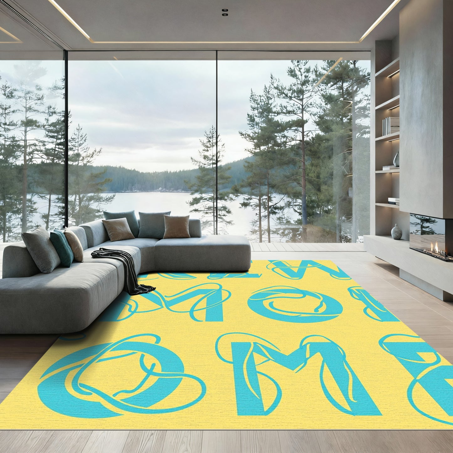 Aqua Swirl Typeface Yellow Rug