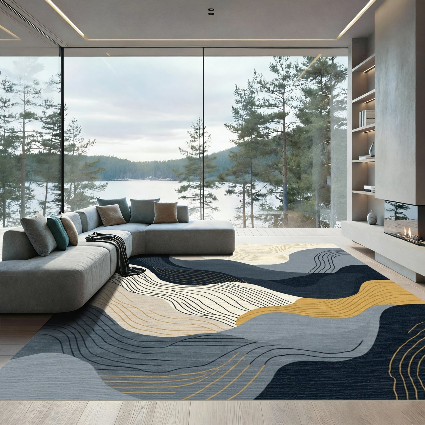 Abstract Blue Gold Wavy Landscape Rug