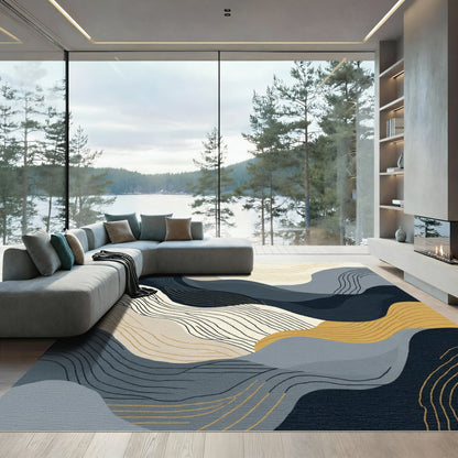 Abstract Blue Gold Wavy Landscape Rug