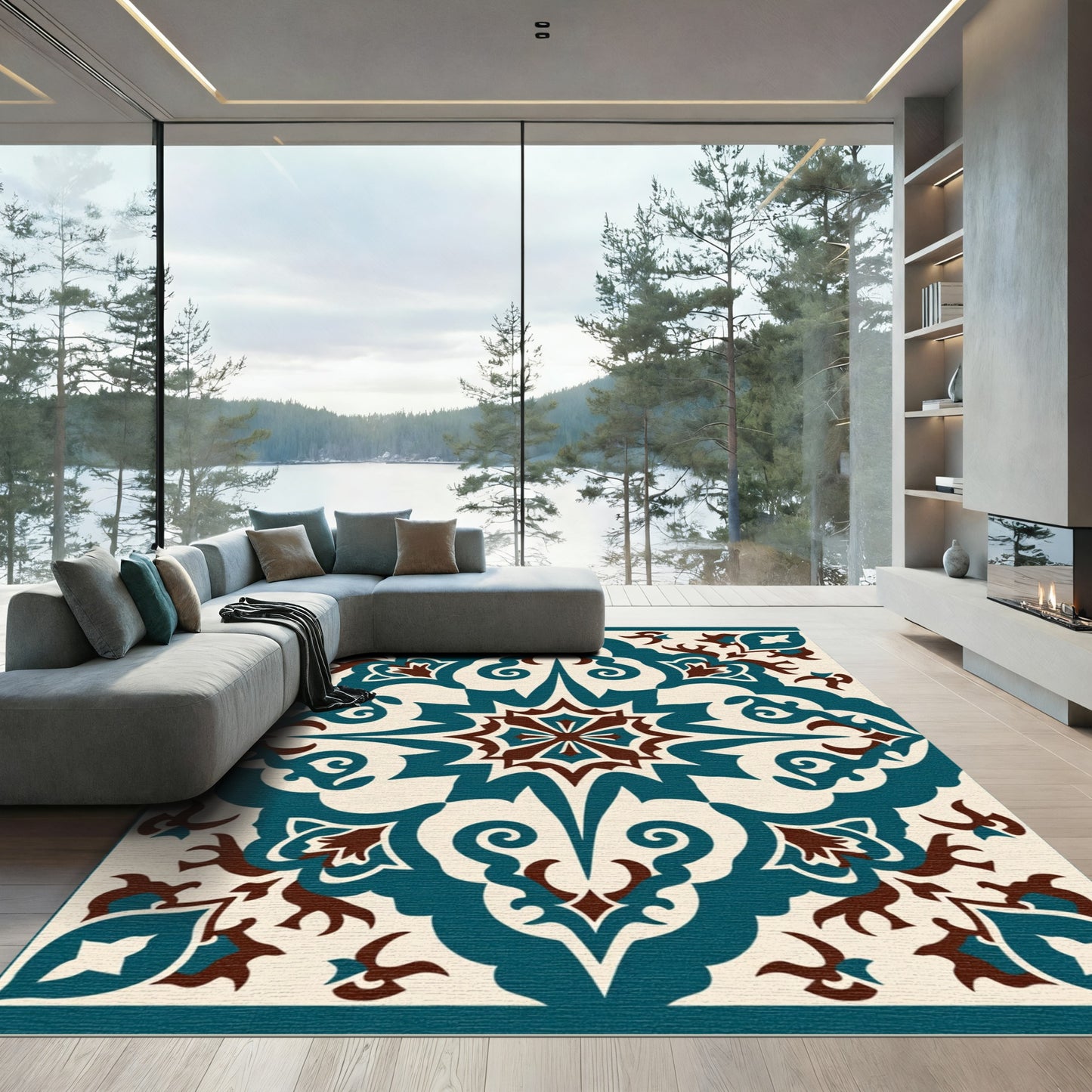 Teal and Brown Ornate Floral Medallion Rug