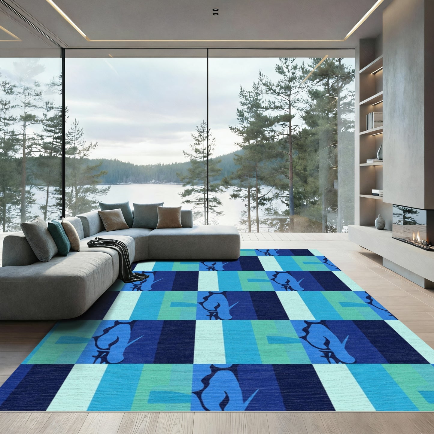 Abstract Blue Tones Vertical Stripe Collage Rug