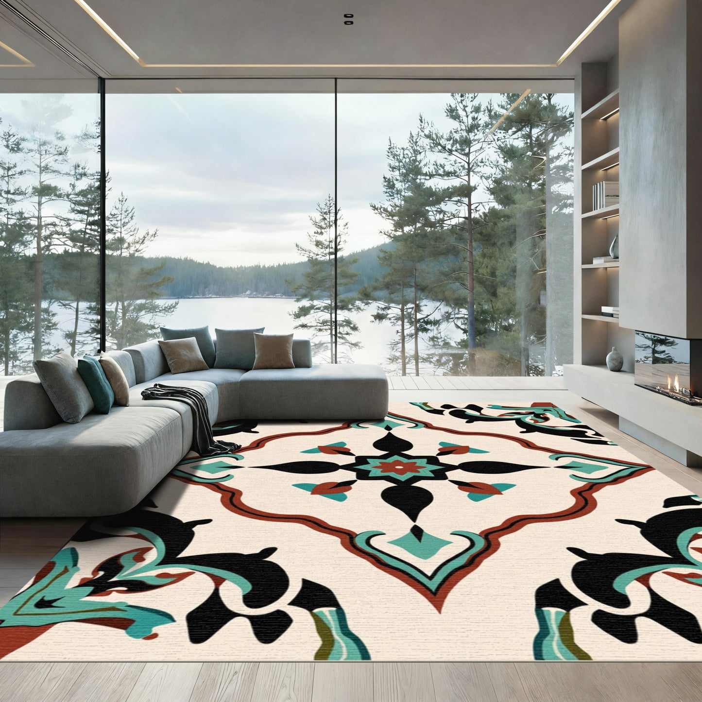 Crimson Teal Black Arabesque Medallion Rug
