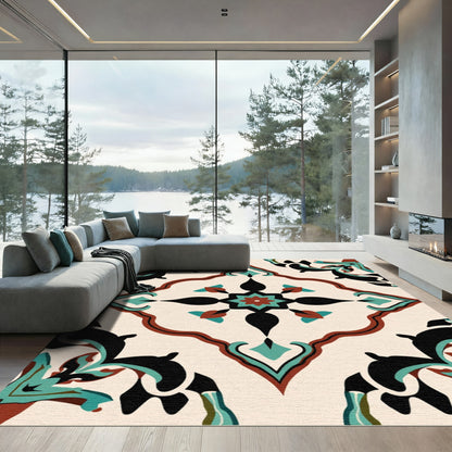Crimson Teal Black Arabesque Medallion Rug