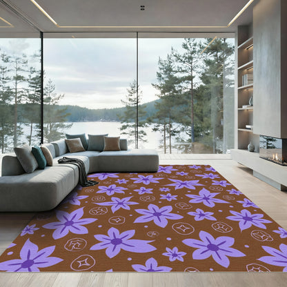 Purple Floral Whimsical Brown Background Rug