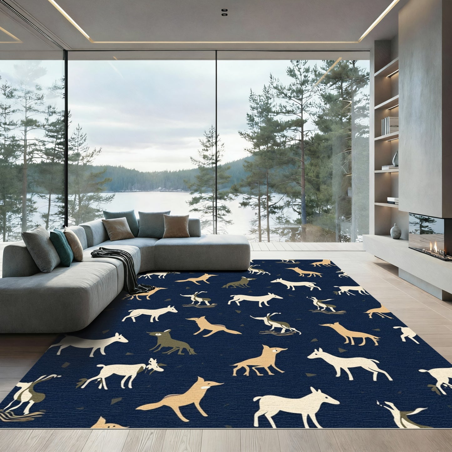 Whimsical Sable Dog Herd Navy Rug