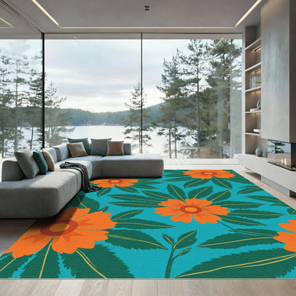 Vibrant Orange Flower Foliage Rug