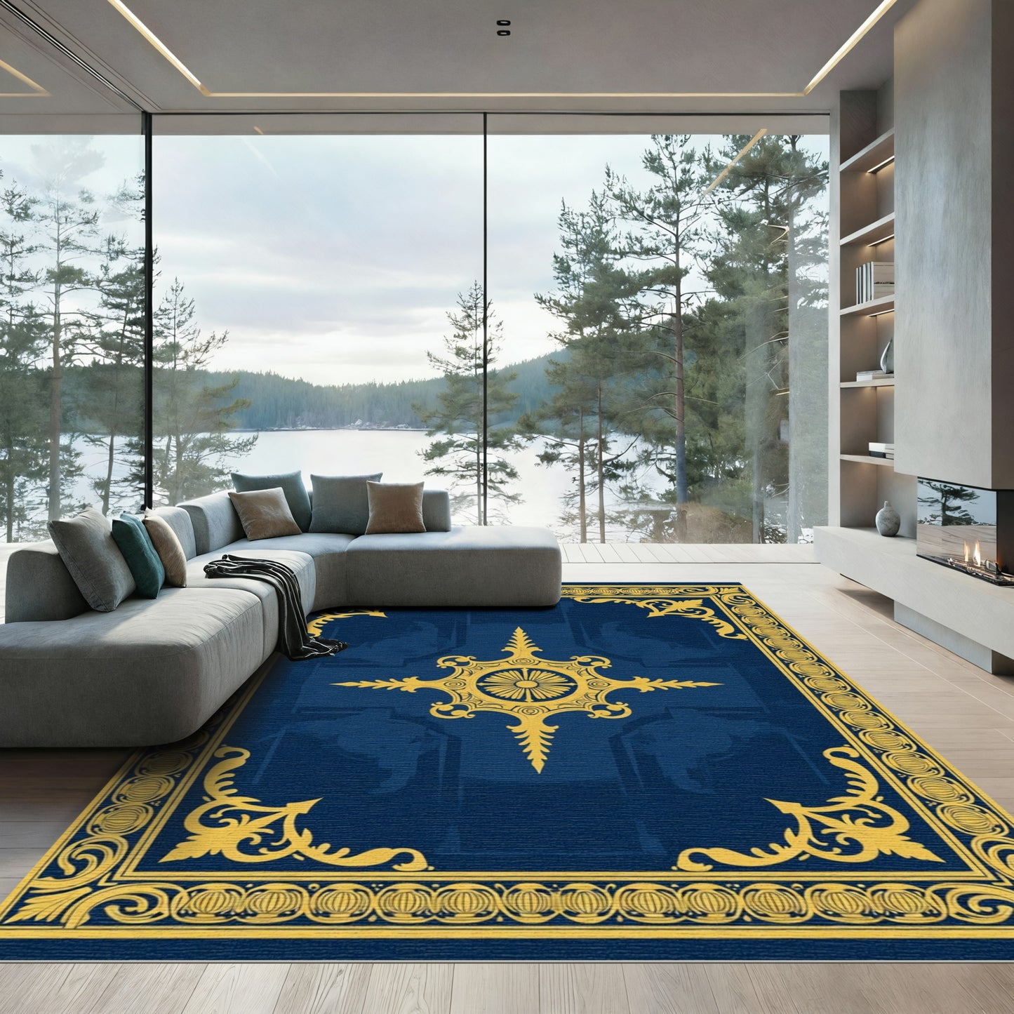 Regal Blue Gold Damask Medallion Rug