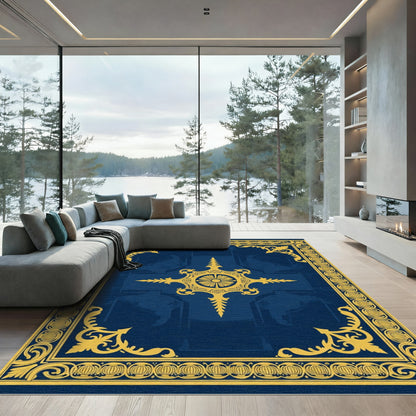Regal Blue Gold Damask Medallion Rug