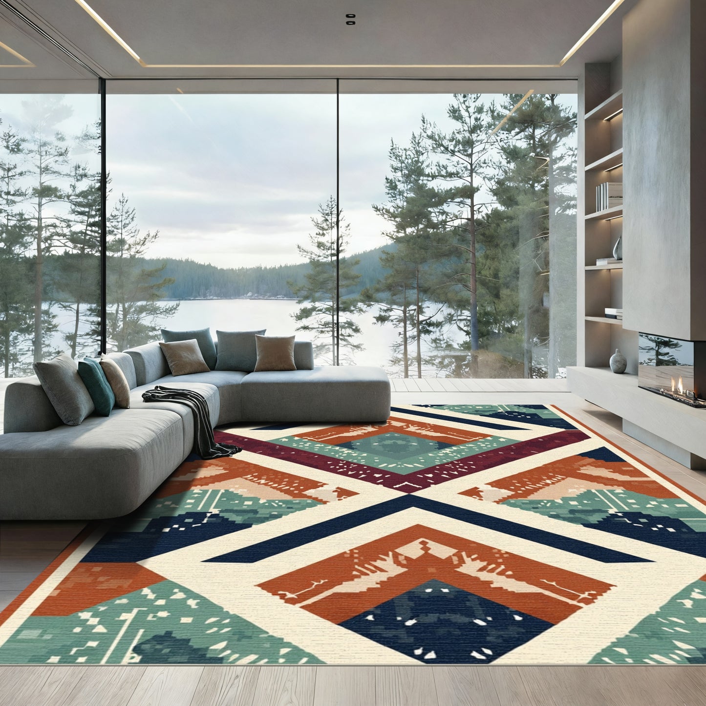 Geometric Terracotta Teal Diamond Rug