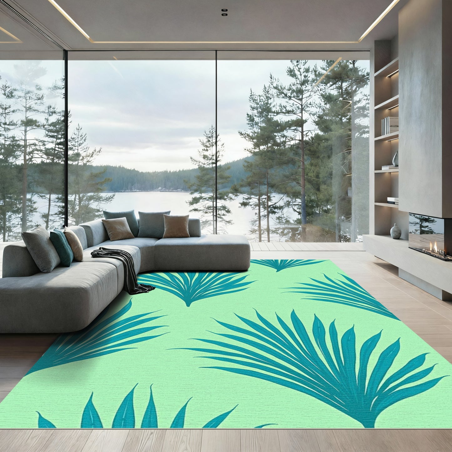 Teal Fan Palm Leaves On Mint Rug