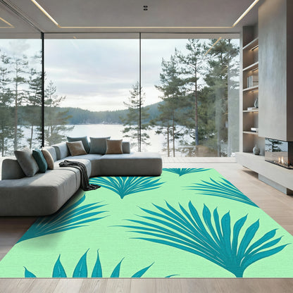 Teal Fan Palm Leaves On Mint Rug