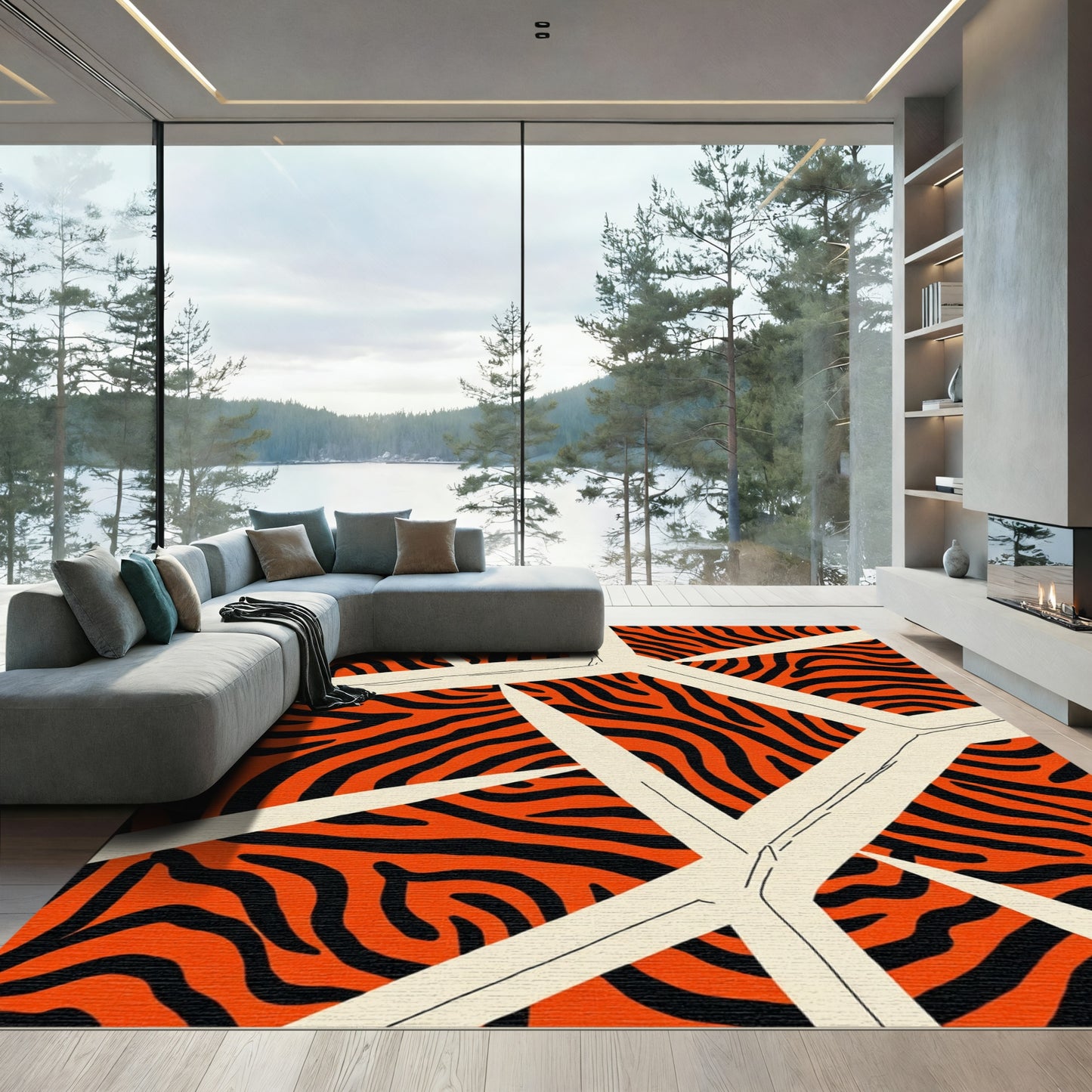 Bold Orange Black Tiger Stripe Overlay Rug