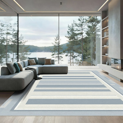 Soft Blue White Stripe Frame Rug